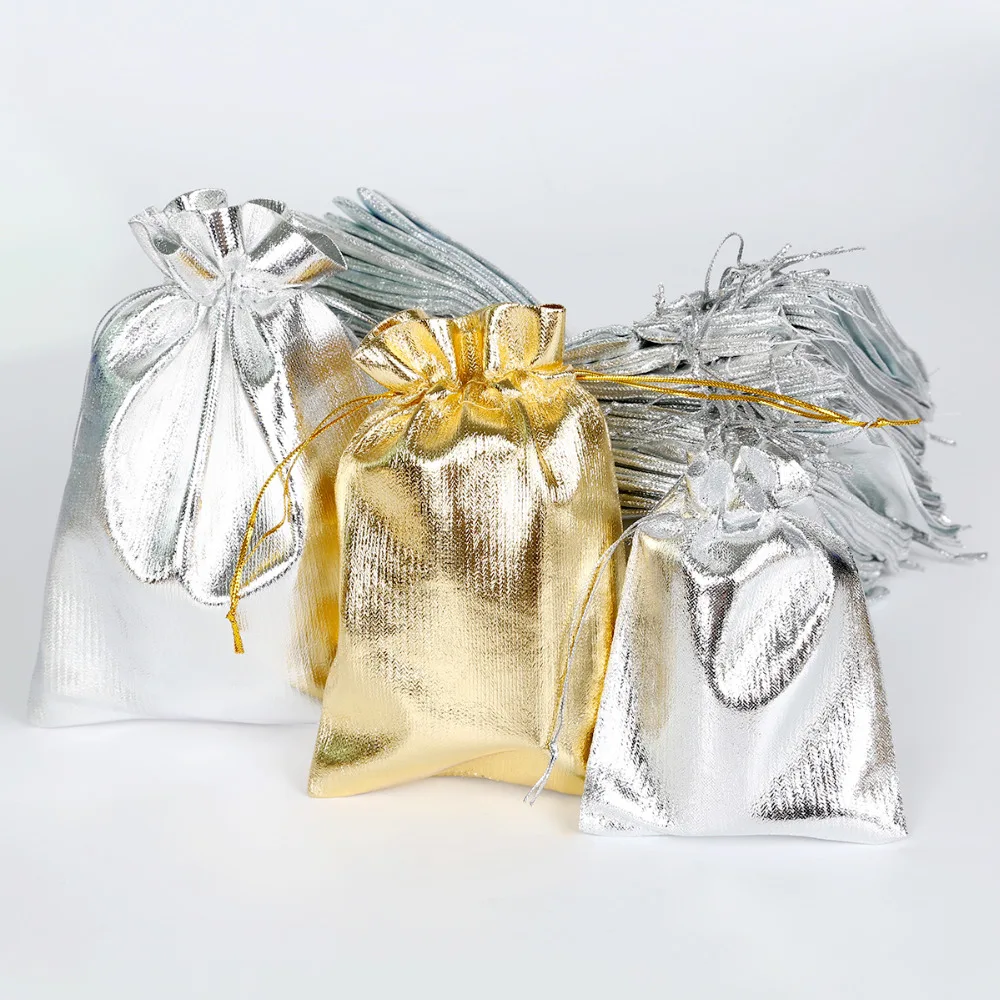 10pcs/lot Gold Silver Color Drawstring Organza Bag Jewelry Packaging Bag Christmas Decoration Wedding Favor Pouches & Gift Bags