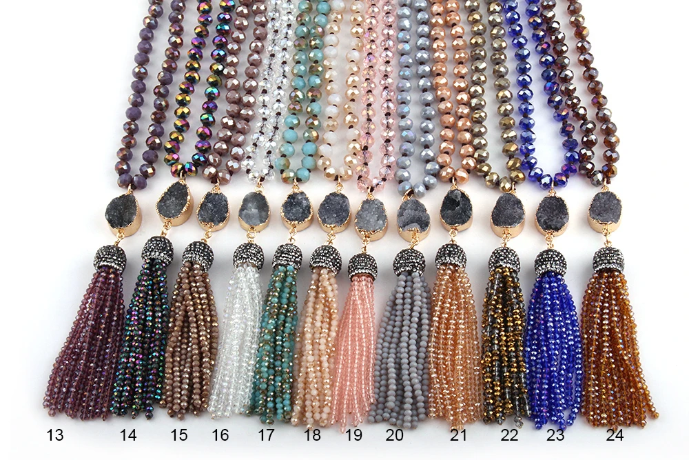 Fashion Bohemian Tribal Jewelry Multi Glass Knotted Druzy Link Crystal Tassel Necklaces Women Ethnic Necklace 24 color choose