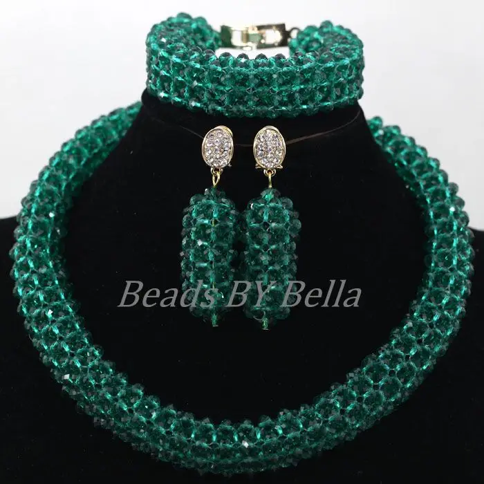 

Splendid Bridal Jewelry Teal Green Crystal Beads African Wedding Jewelry Set Nigerian Beaded Necklaces Sets Free Shipping ABK055