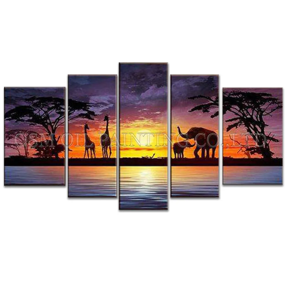 Professional Artist Handmade High Quality Abstract Landscape Elephant and Giraffe Oil Painting on Canvas African Oil Painting