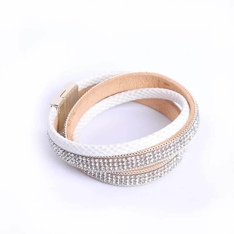 new fashion multi-layer PU leather bracelet with rhinestone beads chain magnetic clasp women wrap Masculina bijoux Bracelet