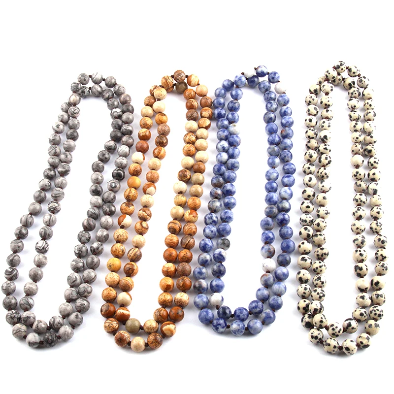 Fashion  Semi Precious Stones Beads Statement Necklaces long Knotted Beads Necklace