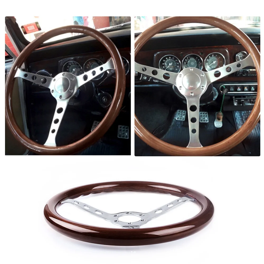 RASTP-15inch 380mm Steering Wheel Classic Sport Wooden Grain Silver Brushed Spoke Chrome Steering Wheel RS-STW015-A