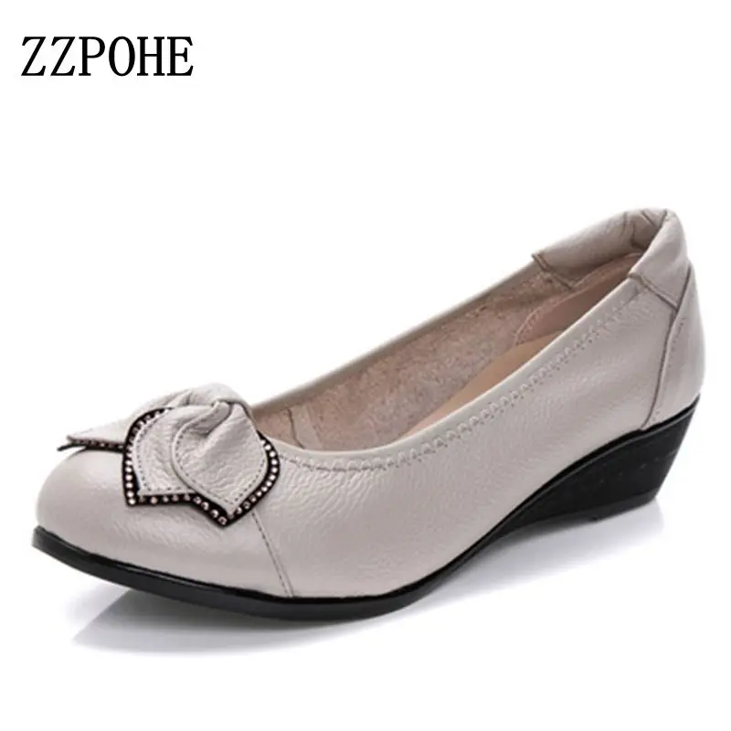 Spring Autumn fashion Woman singles shoes leather soft soled Mother High Heels shoes comfortable women Plus Size shoes