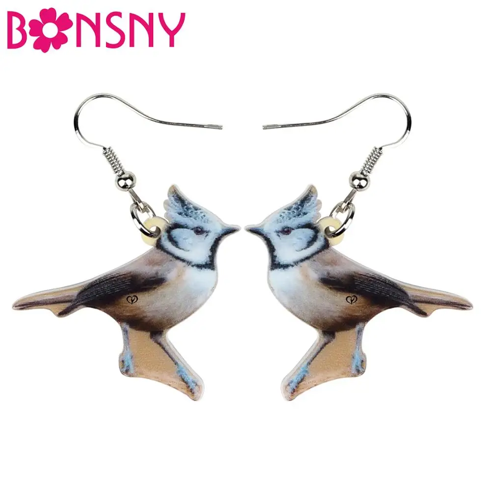 Bonsny Acrylic Crested Tit Bird Earrings Dangle Drop Unique Animal Jewelry For Women Girls Lovers Charm Gift Decoration