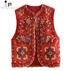 Gilet en velours à paillettes pour femmes, cardigan sans manches, gilet décontracté, broderie florale, mode vintage, automne, 2023