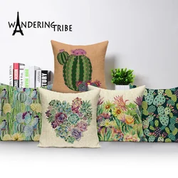 Cartoon Cushion Cover Cactus Pillow Vintage Decorative Living Room Cushions Flower Decor Throw Pillows Green Pillowcase 45*45