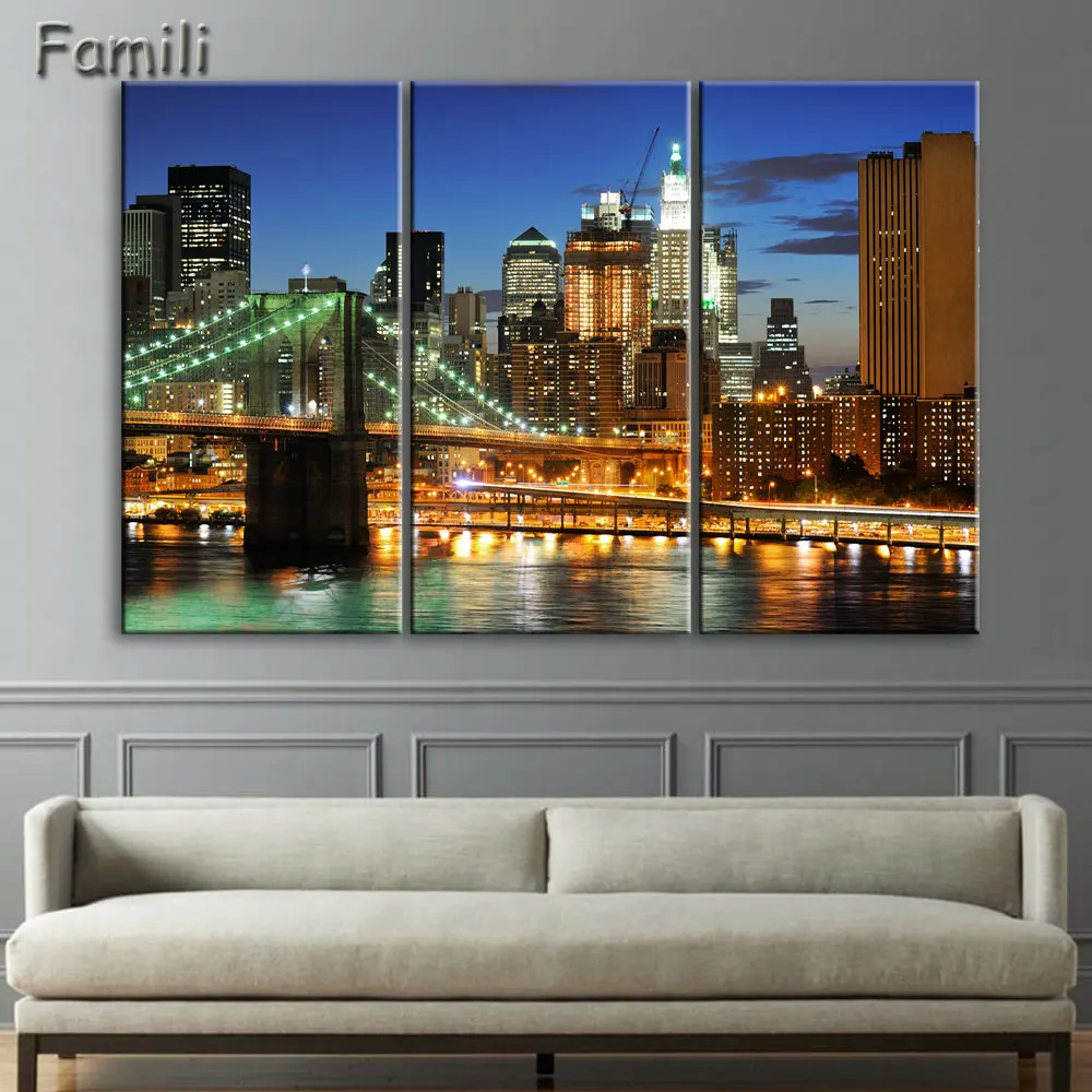 Unframed Modern 3pcs Melamine Sponge Board Canvas Oil Painting New York City Night View Pictures Seascape Living Room Wall Art