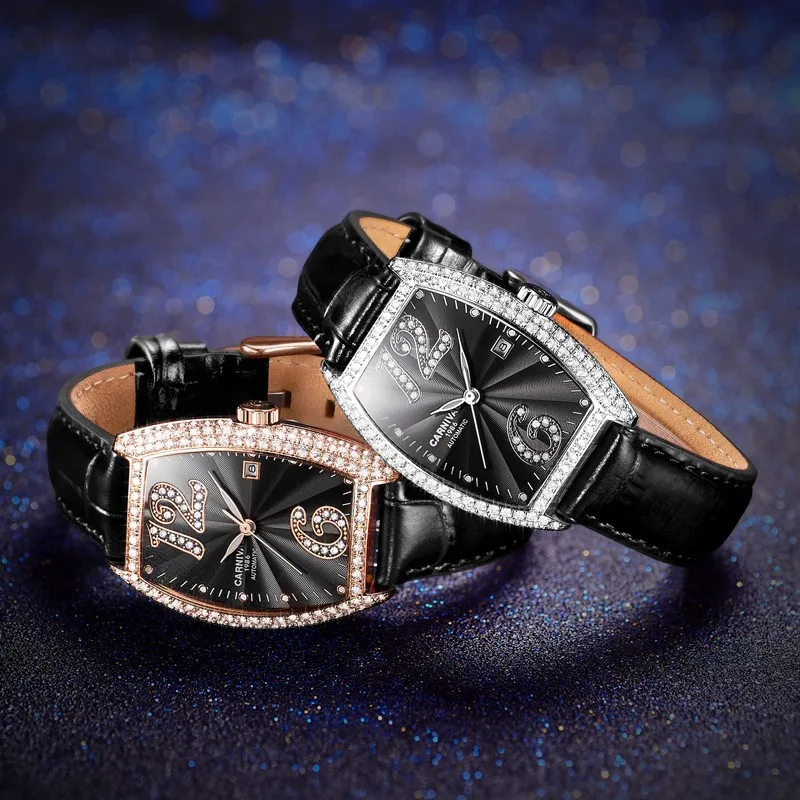 

Швейцарские женские часы CARNIVAL класса люкс с бриллиантами и стразами, автоматические механические водонепроницаемые кожаные часы с автоматической датой C8857L-8