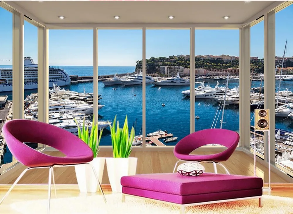 

Non woven wallpaper Custom 3d mural wallpaper European style Beach yacht fleet landed balcony Mural 3d wallpaper