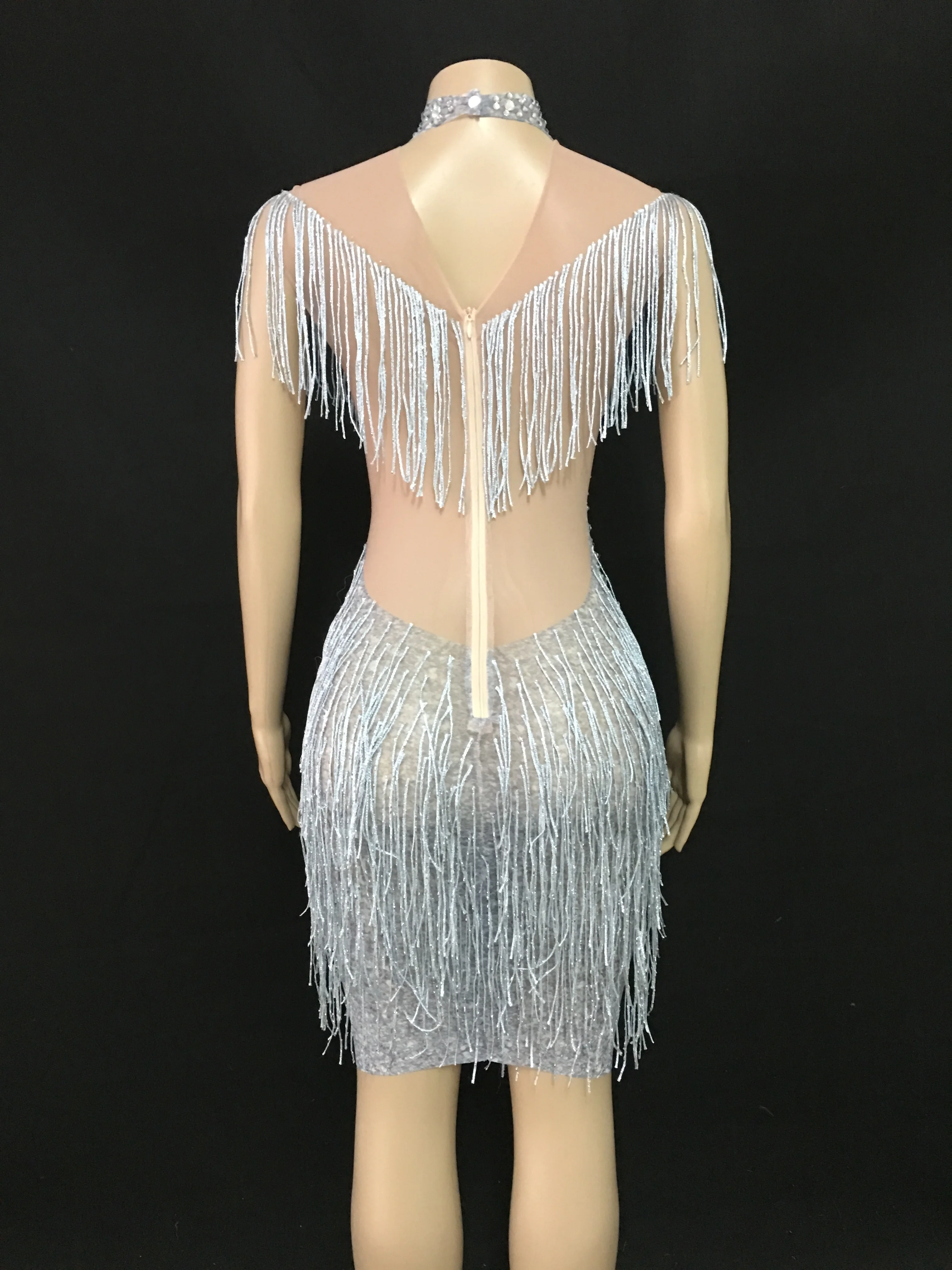 New Design Mesh See Through Fringes Dress Birthday Celebrate Perspective Dress Evening Party Sleeveless Tassel Dresses YOUDU image 3