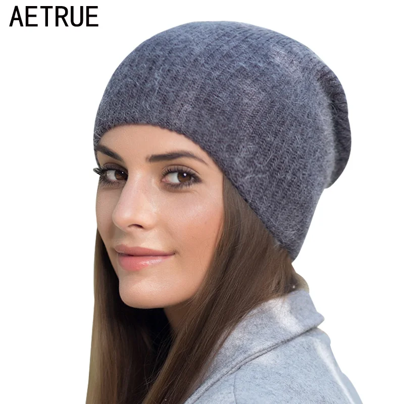 AETRUE Skullies Beanies Knitted Hat Women Rabbit Wool Winter Hats For Women Girls Warm Cap Baggy Bonnet Solid Female Beanie Hat