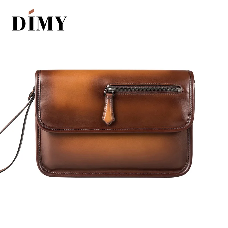 DIMY New Hand Patina Italian Calfskin Leather Clutch Men Handbags Genuine Leather Bags Document File Bag Flap Pocket Day Bag