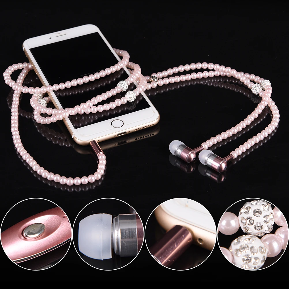 Pearl Necklace Earphone In-Ear Pink Rhinestone Necklace Jewelry Beads Earphones With Mic For Samsung Xiaomi Brithday Girls Gifts