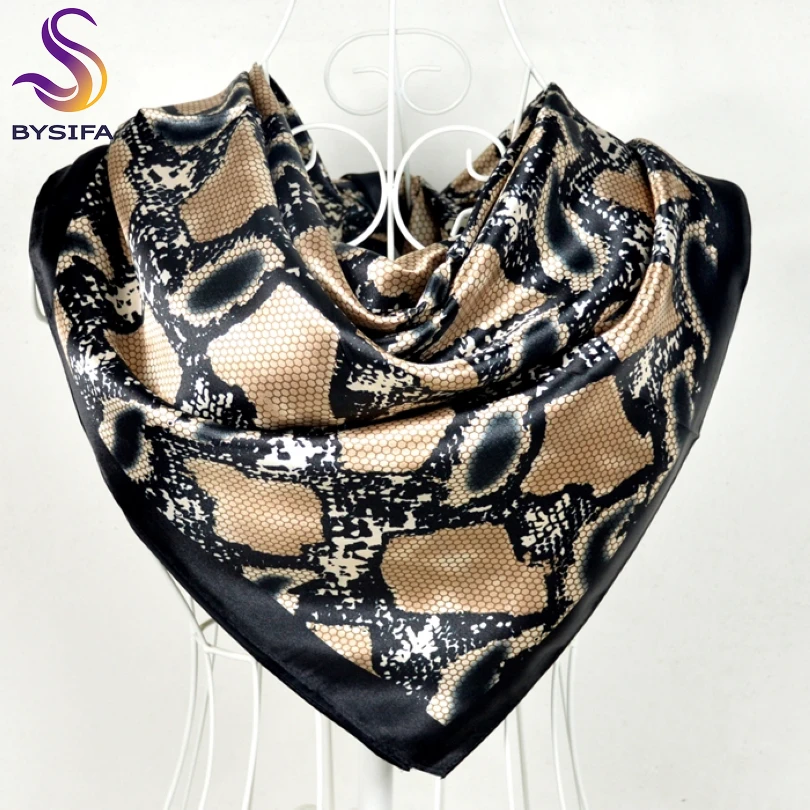 [BYSIFA] Snake Print Black Satin Square Scarves Headscarves 90*90cm Winter Women Shawls Scarves Wraps Summer Air-condition Shawl