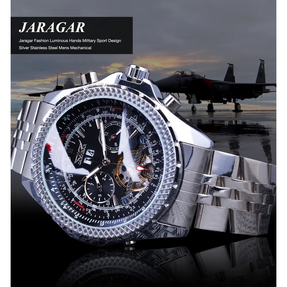 Jaragar Military Sport Automatic Self-Wind Watches Mens Silver Black Steel Band Calendar Analog Mechanical Watch Clock Relogios