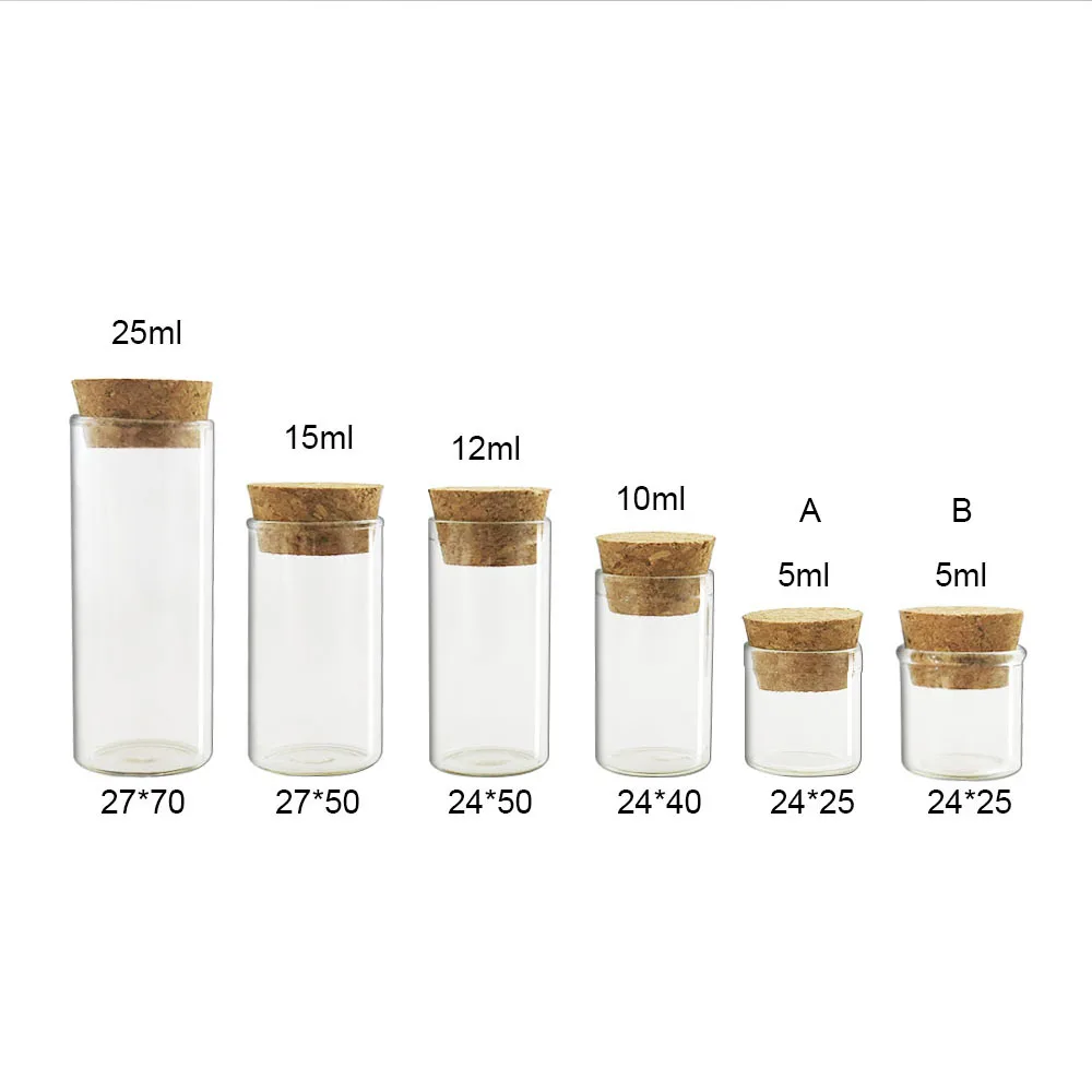 500 X 5ML 10ML 12ML 15ML 25ml Refillable Empty glass tube with wooden cork 1/2OZ glass cork vial 1/3 1/6 Glass Containers