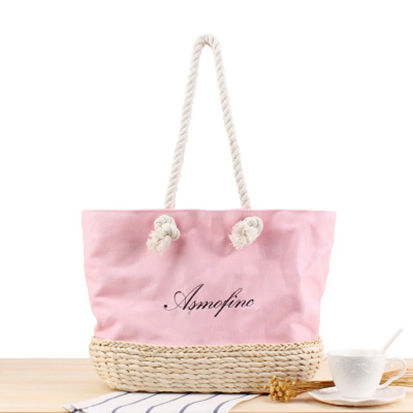 

National style new canvas embroidered letters shoulder straw bag fashion summer vacation beach casual weaving handbag