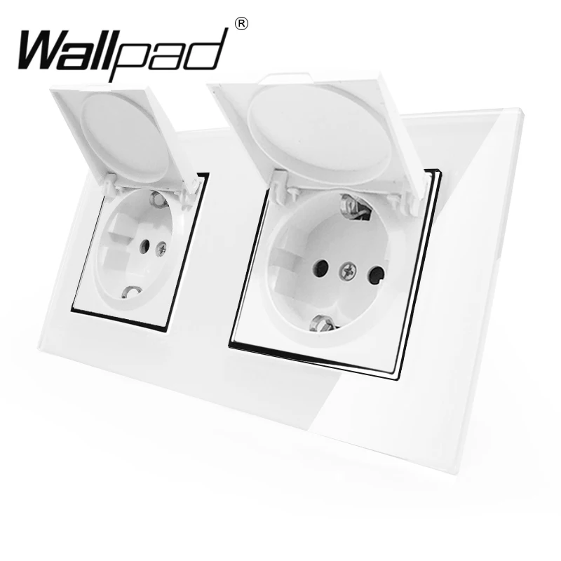 Double Dust Cap EU Schuko Socket Wallpad White Crystal Glass Panel 110V-250V Double Schuko Wall Power Socket EU with Claws Clips