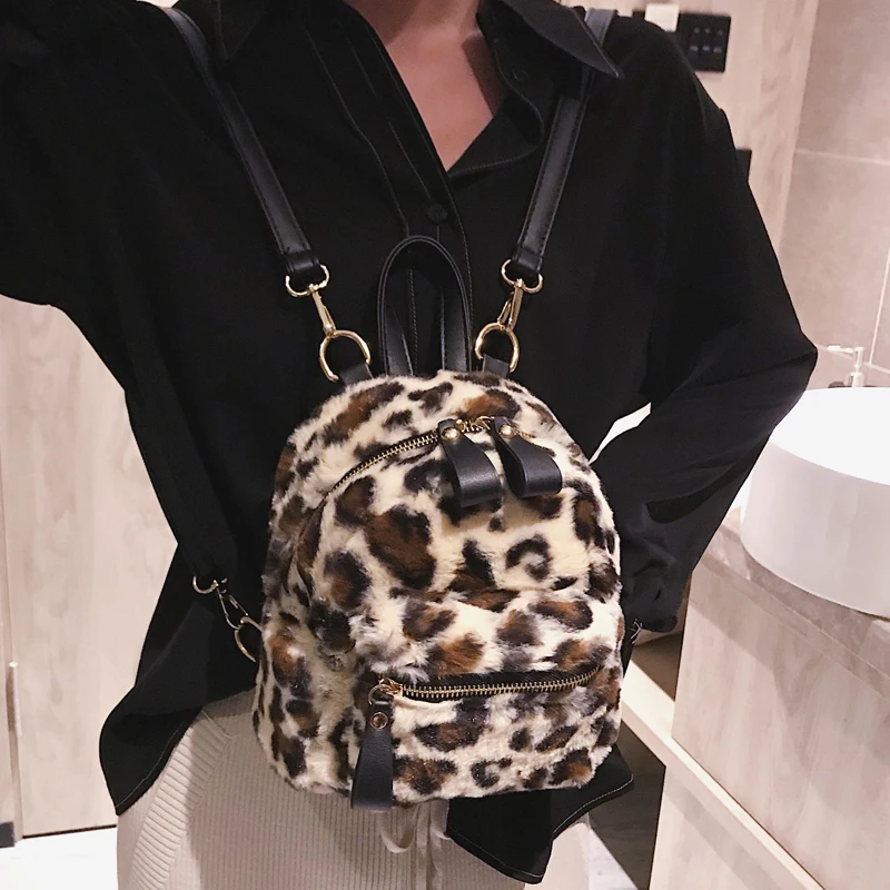 Autumn And Winter Cute Mini Leopard Backpack Velour Double Shoulder Bag Chain School Bags For Girls Children Backpacks 107