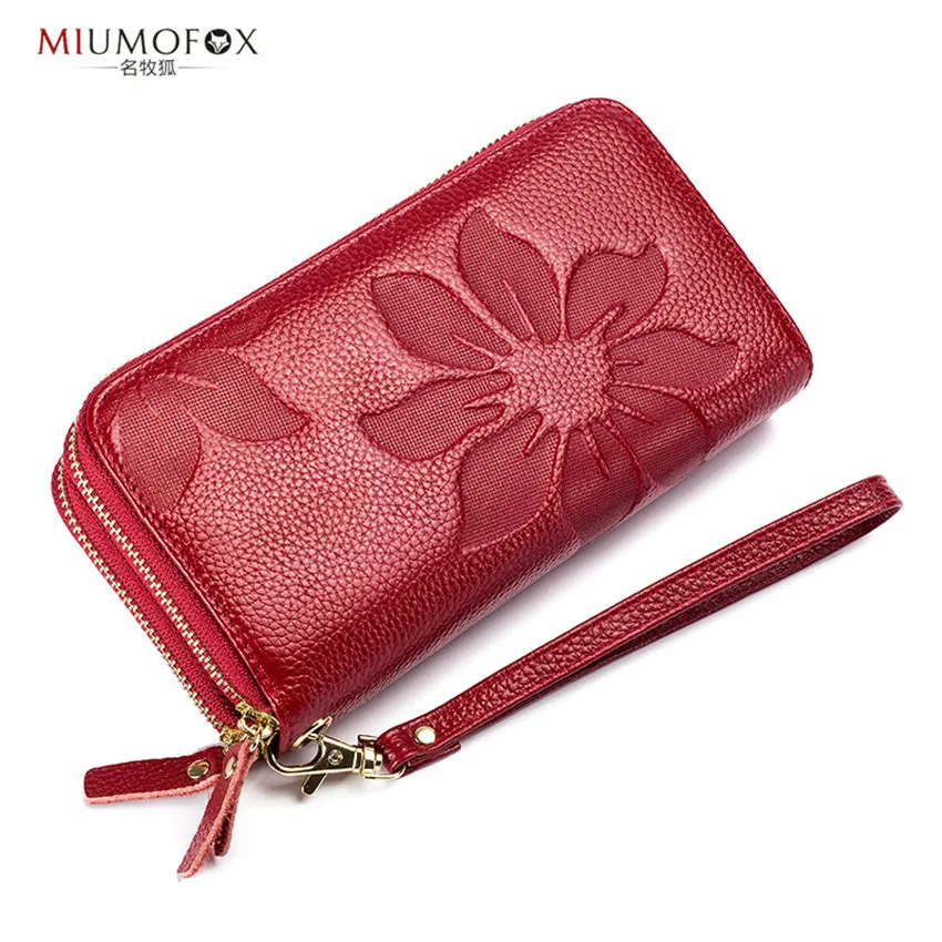 

RFID Theft Genuine Leather Women Long Purse Flower Embossing Female Zipper Wallet Money Clips Woman Cards carteira feminina