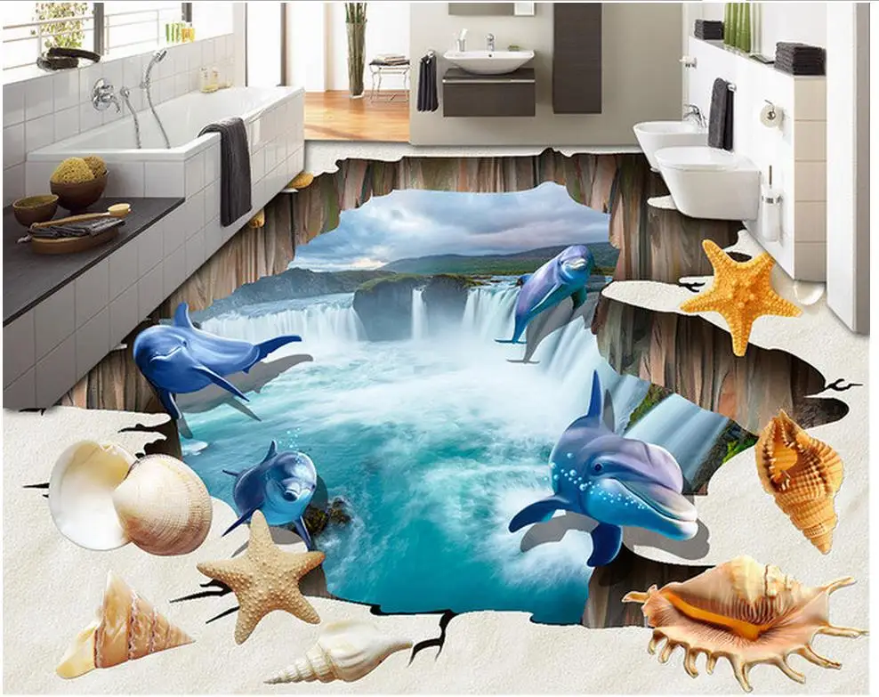 

3d floor painting wallpaper Dolphin Beach Shell Living Room Bathroom 3D Floor 3d wallpaper pvc