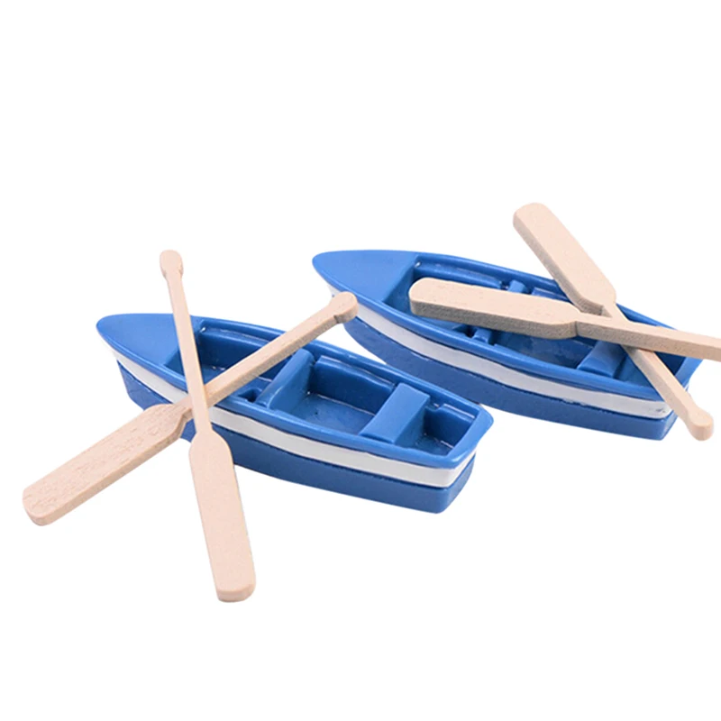 3pcs/set 1 Resin Boat 2 Wooden Quant Mini Blue Boat Oars Miniatures Natural Resin Craft Garden Fairy Garden Supplies