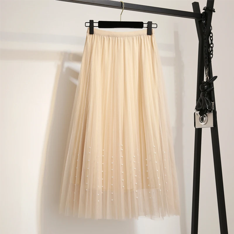Spring Summer Womens Beading Mesh Tulle Elastic High Waist a Line Mid Calf Midi Long Pleated Skirt