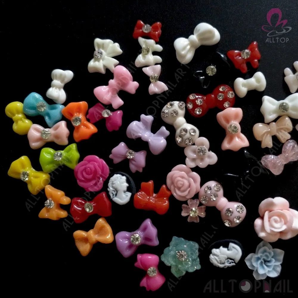 100Pcs Mix 3D Glitters Bow Tie Nail Bowtie Flower Design Acrylic Nail Art Resin Decoration With Rhinestone