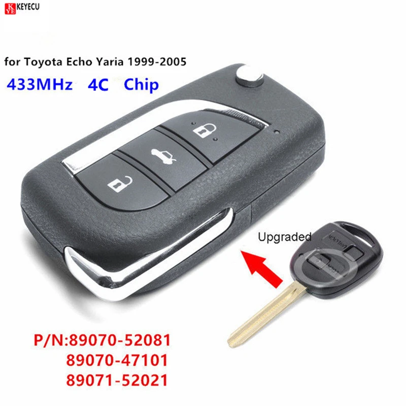 Keyecu New Upgraded Flip Remote Key Fob 433MHz 4C for Toyota Celica Echo Yaria 1999 2000 2001 2002 2003 2004 2005 89070-52081