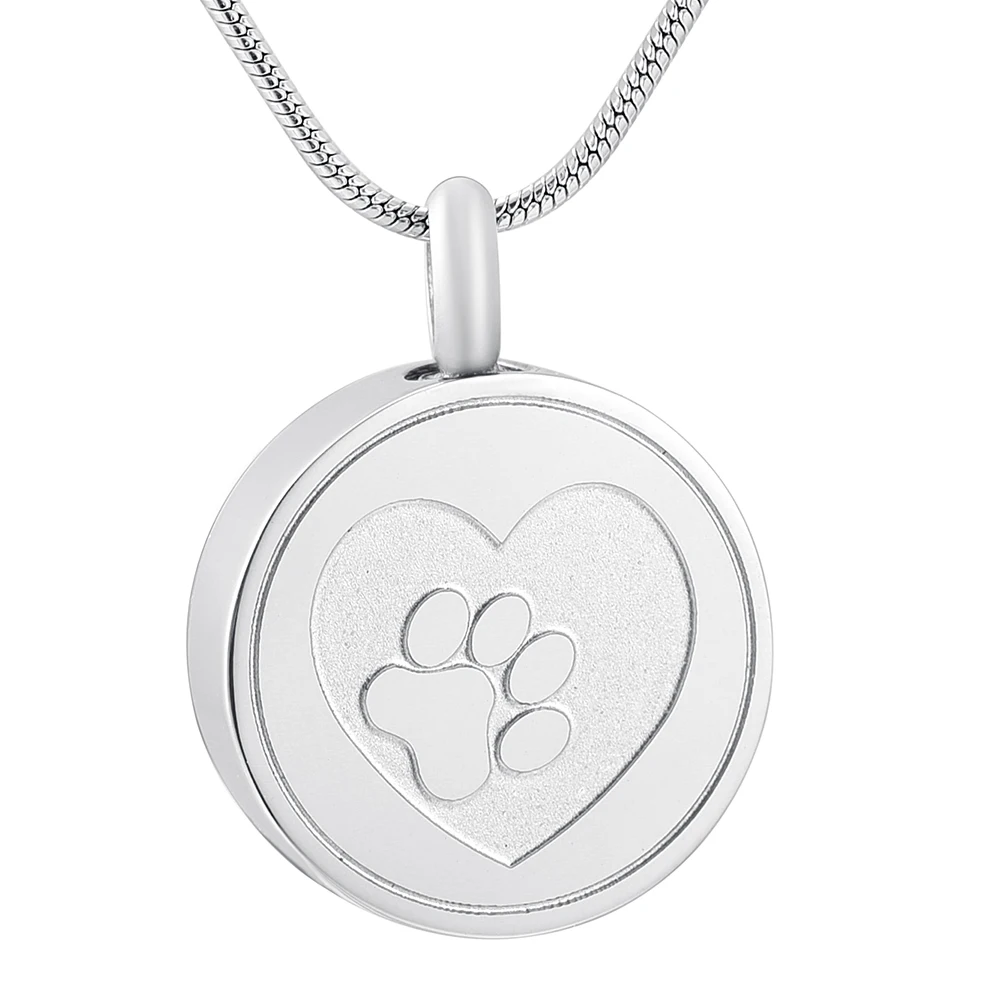 

IJD9883 20mm Round Shape Stainless Steel Memorial Urn Jewelry Single Paw Print Heart Cremation Ashes Pendant Necklace for Pet