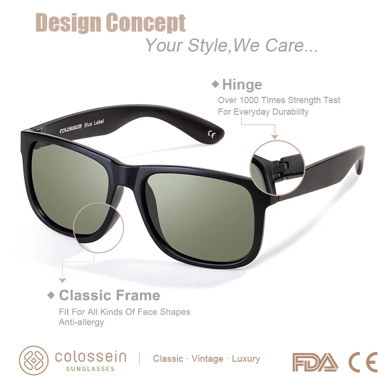 COLOSSEIN Classic Sunglasses Women Polarized Men SunGlasses Black Square Blue Frame Men Adult Eyewear Driving Fishing UV400