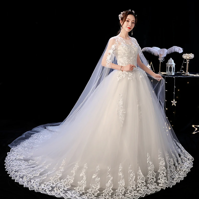 Robe de Mariée Blanche Cassé à Col Rond, Longue Traîne, Belle Dentelle, Appliques Icidal, à Lacets, Nouvelle Collection 2024