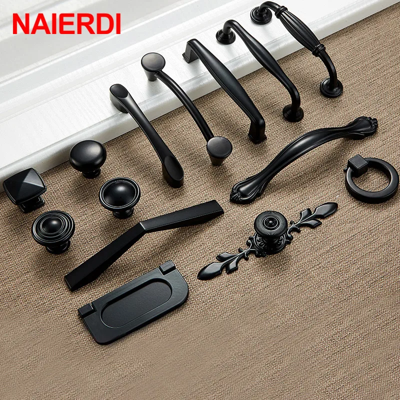 NAIERDI Aluminum Alloy Black Cabinet Handles American Style Solid Kitchen Cupboard Pulls Drawer Knobs Furniture Handle Hardware