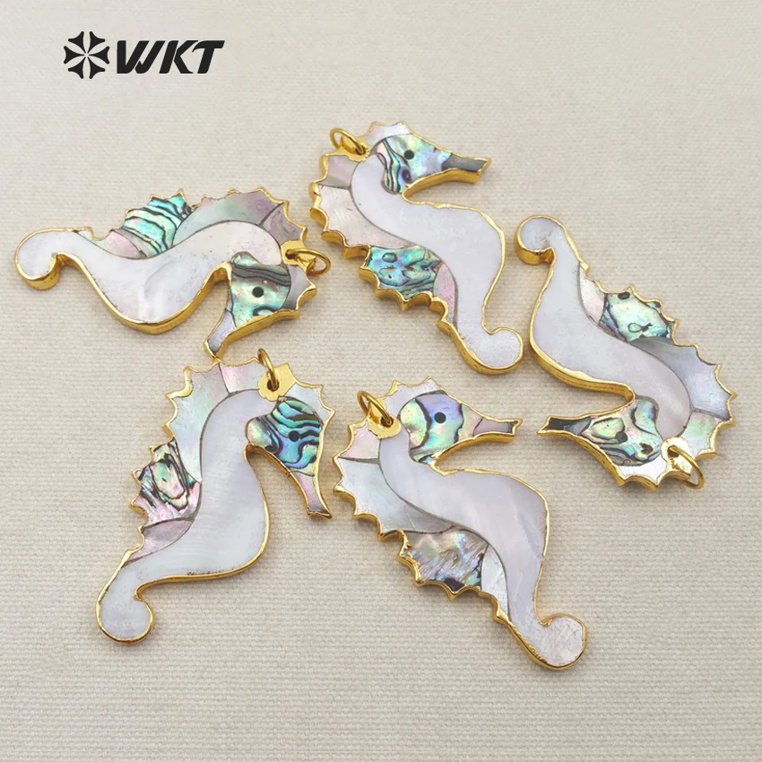 

WT-P1251 Wholesale natural shell with 24k gold pearl pendant abalone shell pendant sea horse pendant lively Hippocampus pendants