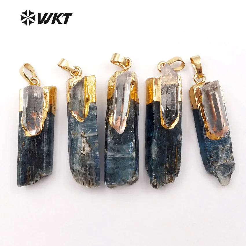 WT-P1390 WKT Wholesale Natural Stone Pendants Random Size Long Blue Kayanite With White Crystal For Necklace Making Accessory