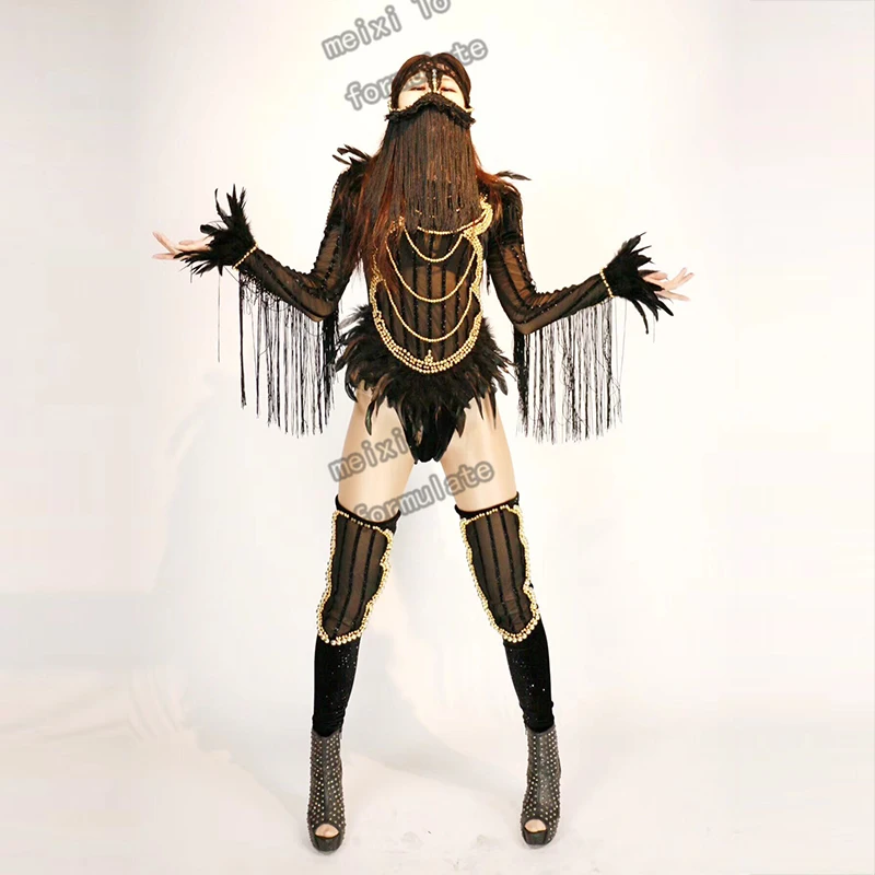 Black mystery tassel clothing gold beads with a headdress+leg set 3 pieces set of bar nightclub concert singer dancer's clothing