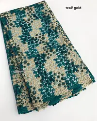 Teal gold 5 yards African french lace mix guipure lace cord fabric with lots of sequins not fall off shiny heavy