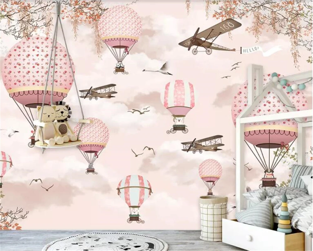 HD cartoon wallpaper for kids room Sky white cloud Pink hot air balloon plane Little bird 3d wall paper mural papel de pared