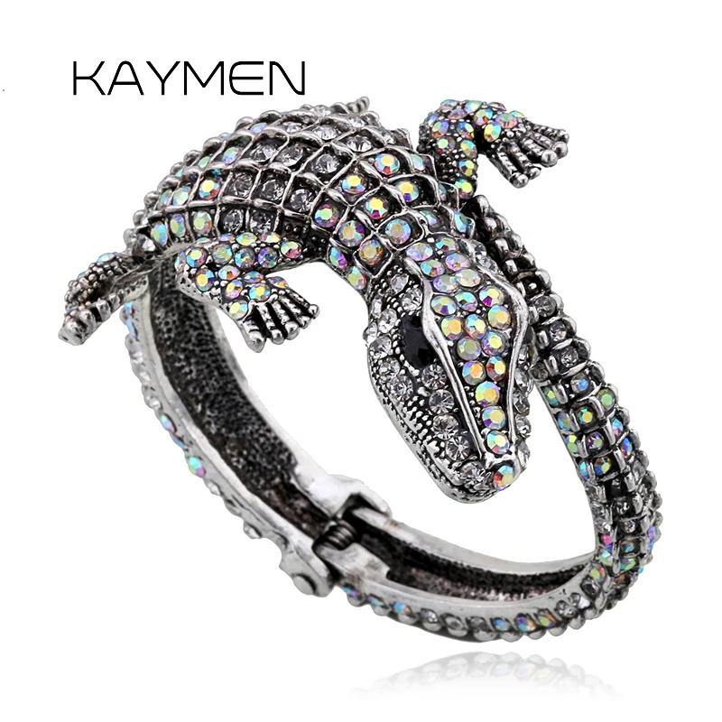 New Fashion Animal Style Vintage Crocodile Bangle Bracelet Antique Golden Plated Full Rhinestones Cuff Bangle Jewelry 4 Colors