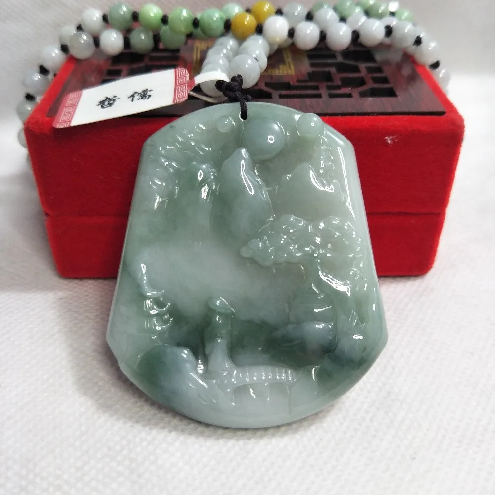 Zhe Ru Jewelry Pure Natural Jadeite Tricolor Green Water Green Mountain Pendant Tricolor Jade Pearl Necklace Send A Certificate