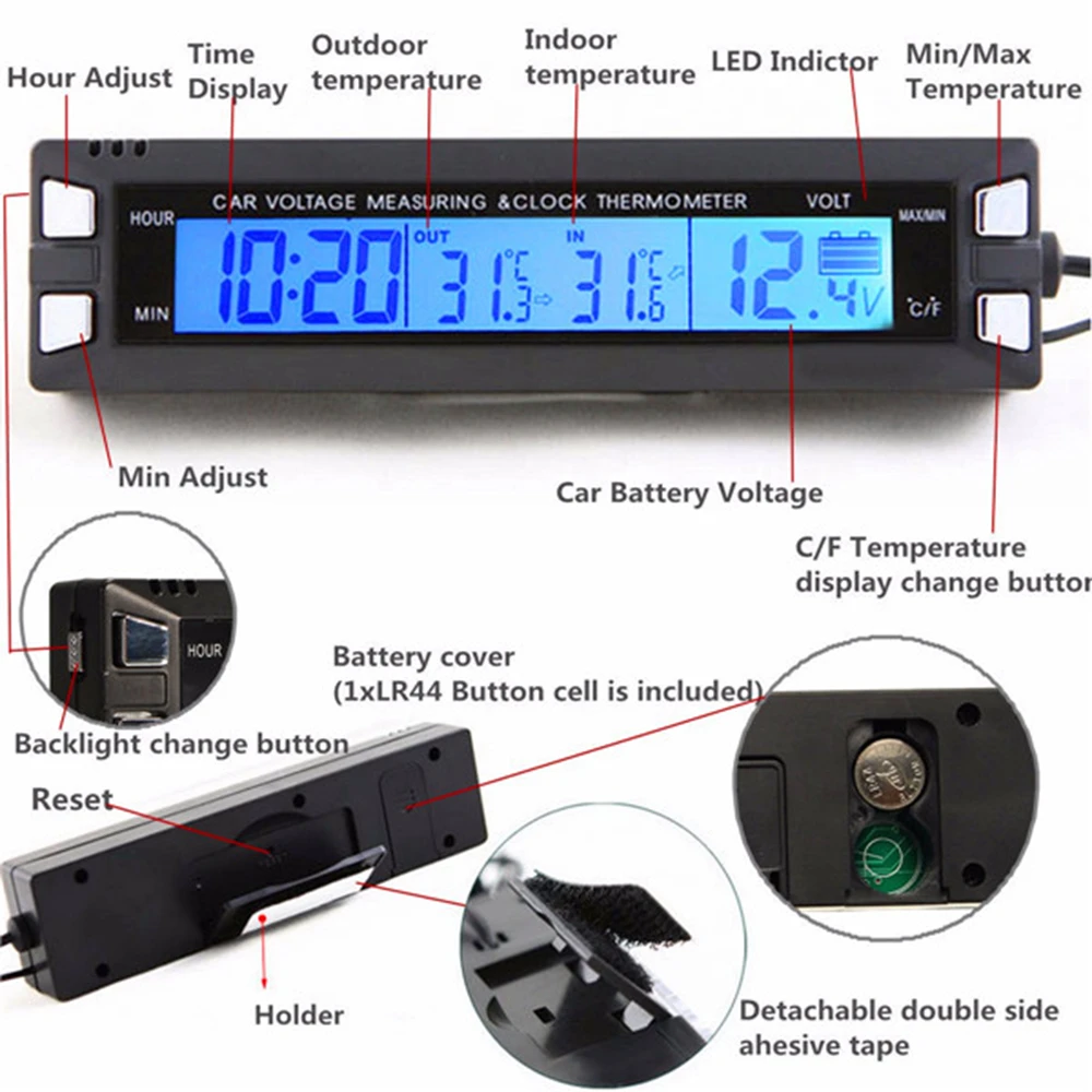 Universal 12V/24V Red/Orange Backlight Car Digital LCD Display Clock,indoor/outdoor Thermometer,Voltage Meter Battery Monitor