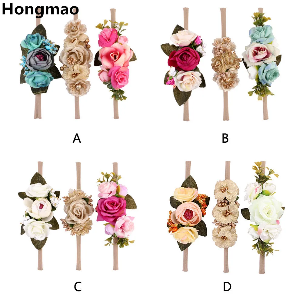

3pcs 2018 Flower Headbands DIY Handmade Faux Flowers Nylon Elastic Hairband Newborn Headwear Head band Wreath Hair Accessories