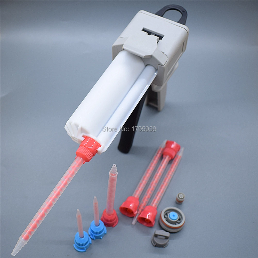 50ml AB pistola per colla 10:1 Dispenser per pistola per calafataggio con 50ml 1: 1 cartuccia vuota a doppio barilotto e Set di ugelli per miscelazione statica 7pc 10:1 AB