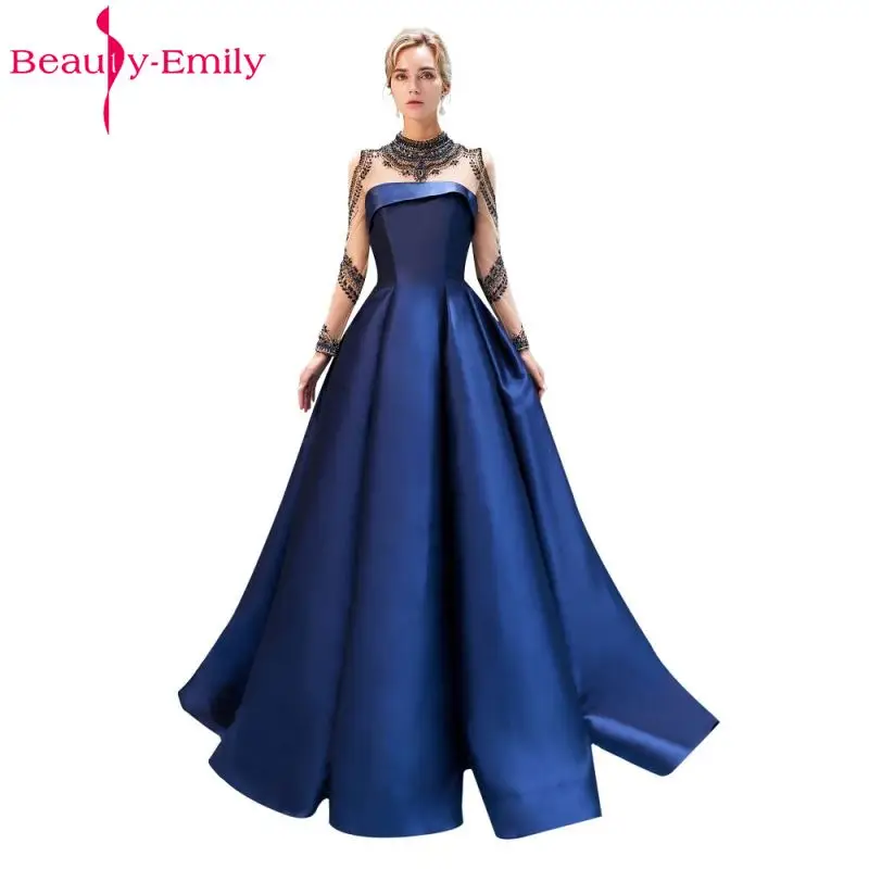 

Beauty Emily Luxury Beading Satin Evening Dresses 2020 Long Formal Prom Dresses Plus Size Party Gowns vestido de novia