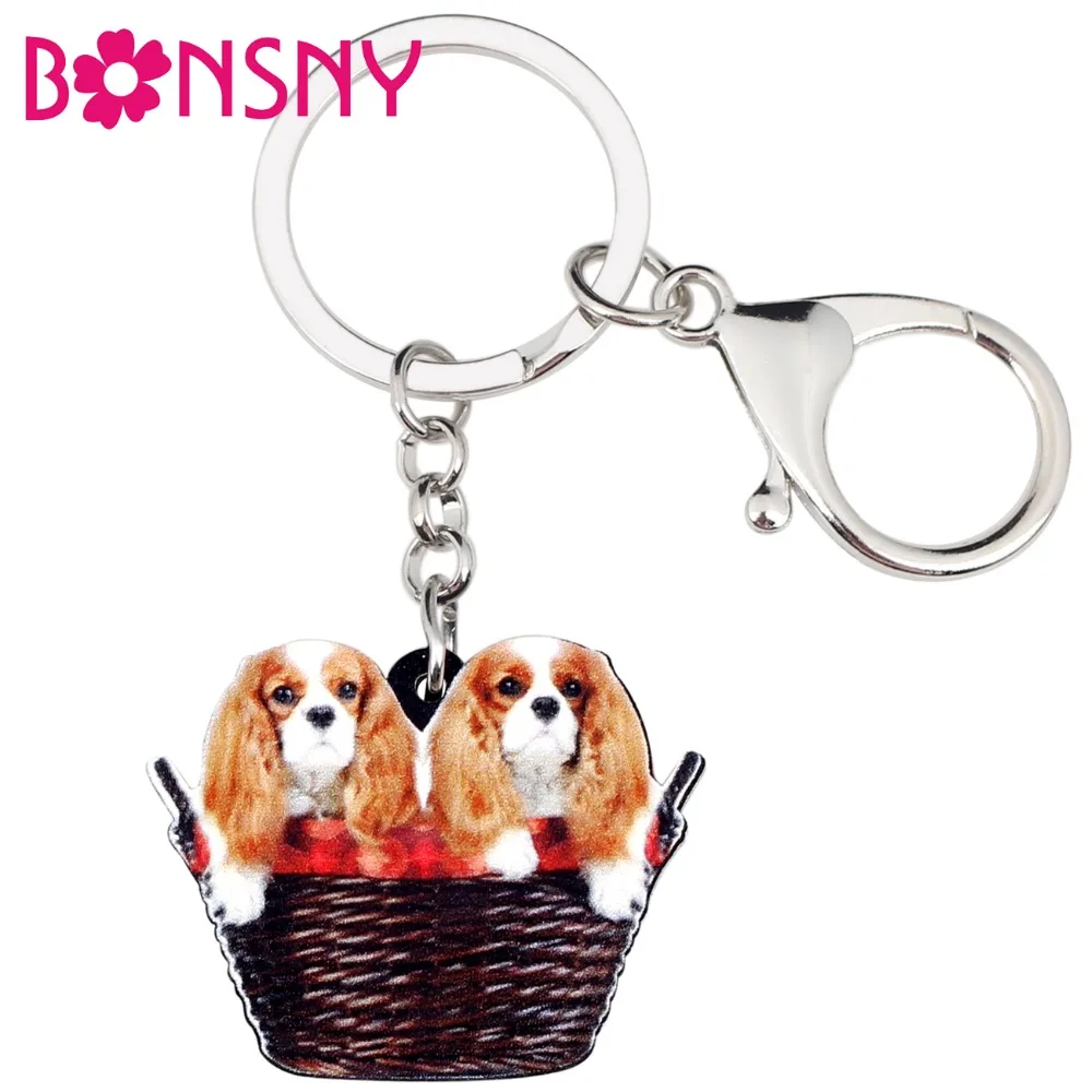 Bonsny Acrylic Sweet Double Cavalier King Charles Spaniel Dog Basket Key Chains Keychain Rings Animal Jewelry For Women Girls