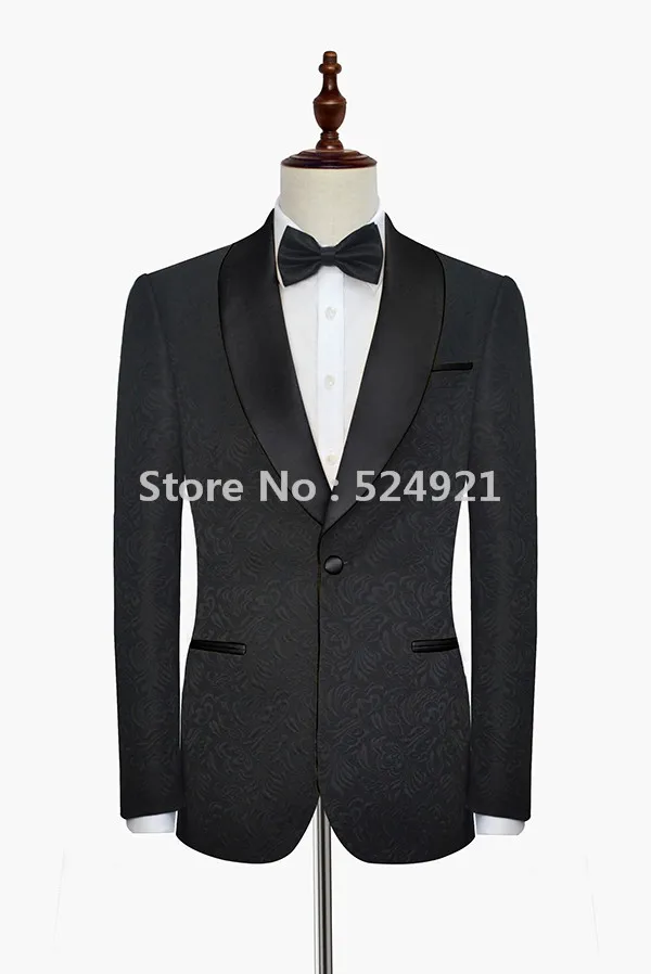 

Custom Made Groomsmen Black Pattern Groom Tuxedos Shawl Lapel Men Suits Side Vent Wedding/Prom Best Man( Jacket+Pants+Tie ) C276