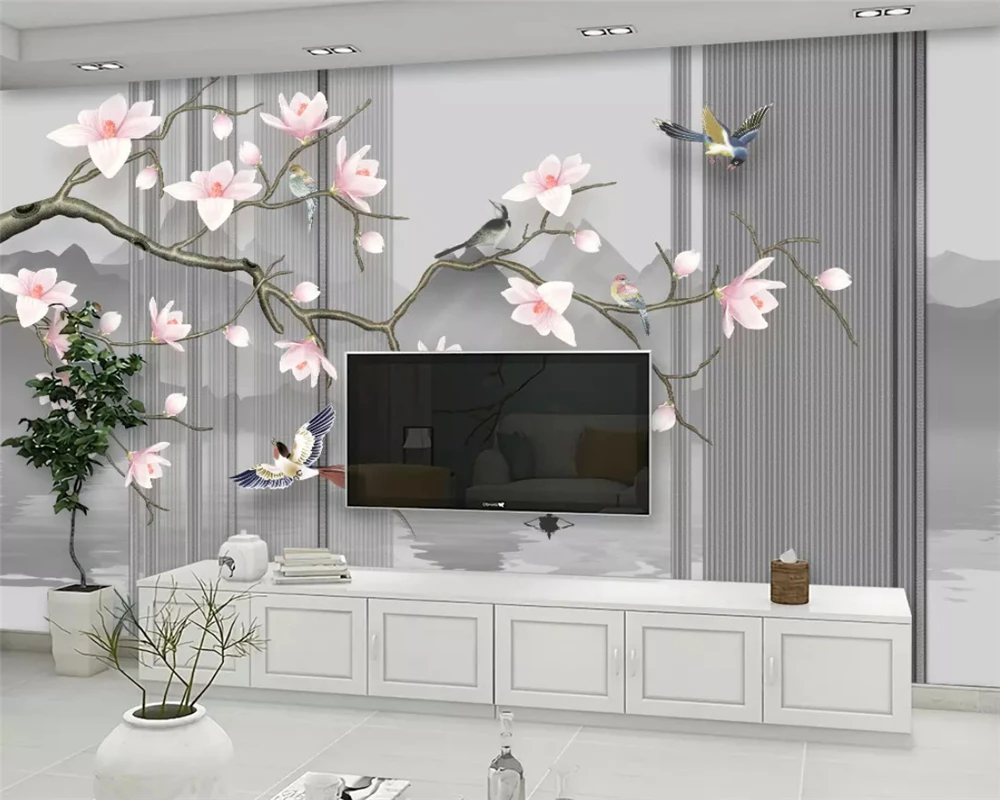 beibehang Custom three-dimensional magnolia flower hand-painted flowers and birds new Chinese background wallpaper papier peint