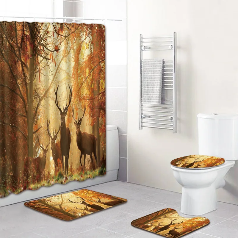 Animal Deer Pattern Design 4 Pieces Bathroom Curtain Waterproof Fabric Shower Curtain Carpet Set Toilet Mat for Bathroom