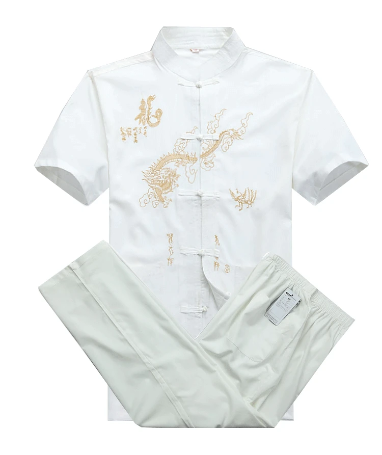 Chinese Men Cotton Kung Fu Suit Embroidery Wu Shu Uniform Tai Chi Clothing Short Sleeve Shirt+Pant M L XL XXL XXXL MS013